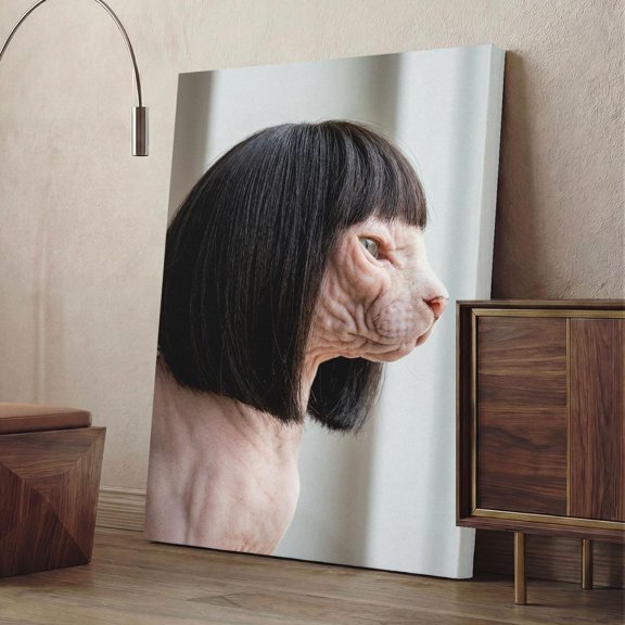 Sphinx Cat With Wig Print Hairless Cat Bob Haircut Quirky Pet Wall Decoration, Stretched Canvas 16x20in