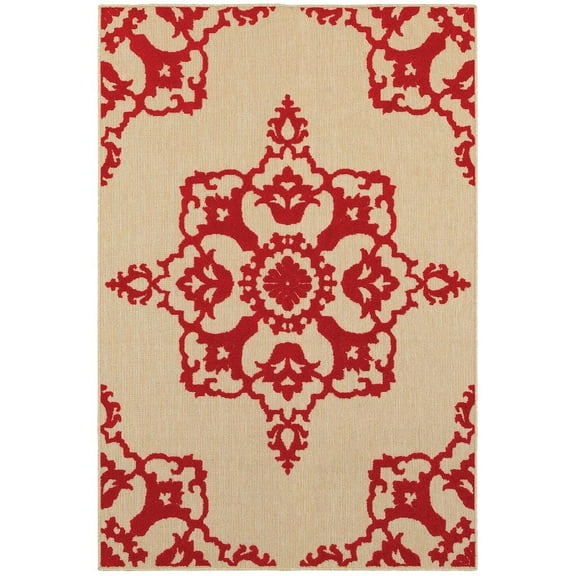 Oriental Weavers Cayman Indoor/Outdoor Rug - 097R9 - 5'3" x 7'6" - in Sand/ Red - Global Style, Multi-Level Pile, Water, Stain and Fade Resistant, Hose Clean, Patio, Outdoor Living Rug