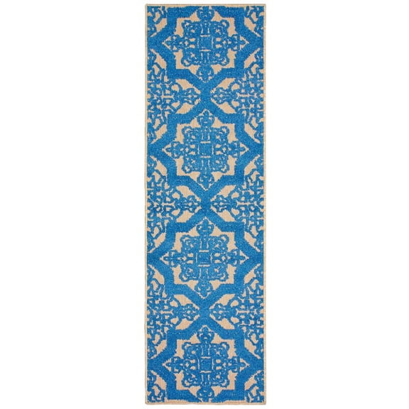 Oriental Weavers Cayman Indoor/Outdoor Rug - 2541M - 2'3" x 7'6" - in Sand/ Blue - Bohemian Medallions, Multi-Level Pile, Water, Stain and Fade Resistant, Hose Clean, Patio, Outdoor Living Rug