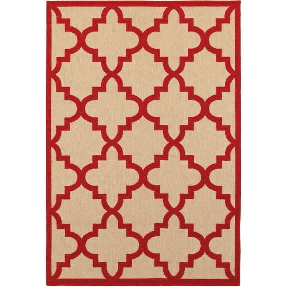 Oriental Weavers Cayman Indoor/Outdoor Rug - 660R9 - 5'3" x 7'6" - in Sand/ Red - Moroccan Lattice, Multi-Level Pile, Water, Stain and Fade Resistant, Hose Clean, Patio, Outdoor Living Rug