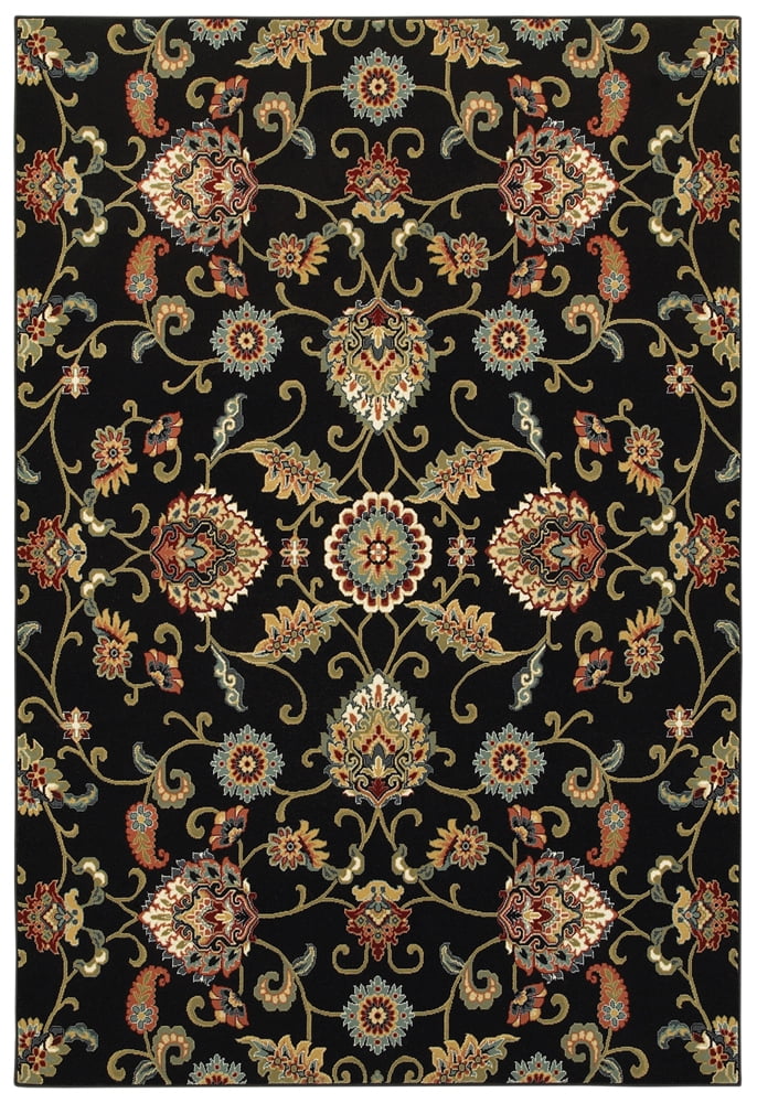 Kashan Black and Multicolor Synthetic Rectangular Area Rug