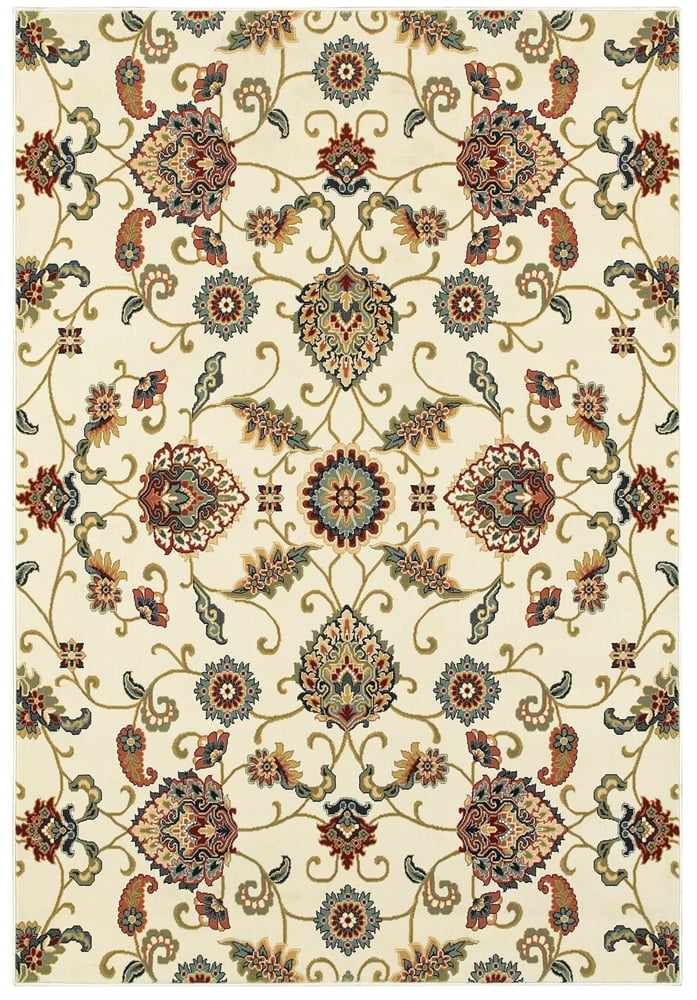 Kashan Ivory and Multicolor Synthetic Rectangular Area Rug