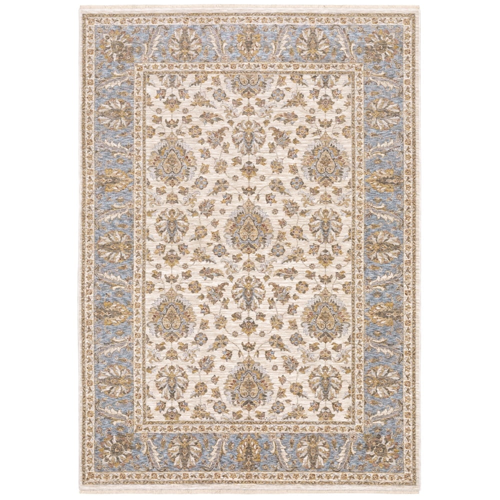 Ivory and Blue Hand-Knotted Synthetic Rectangular Rug 6'7" x 9'6"