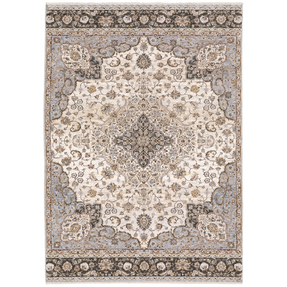 Ivory and Bluestone Floral Medallion Hand-knotted Area Rug 2' x 3'