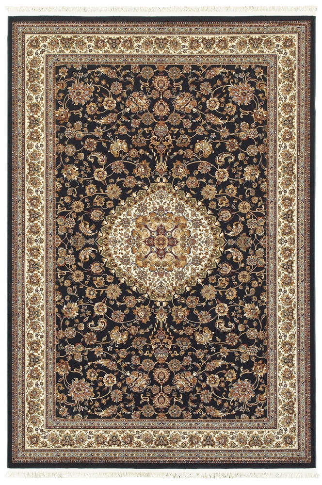 Ivory and Black Hand-Knotted Synthetic Rectangular Rug