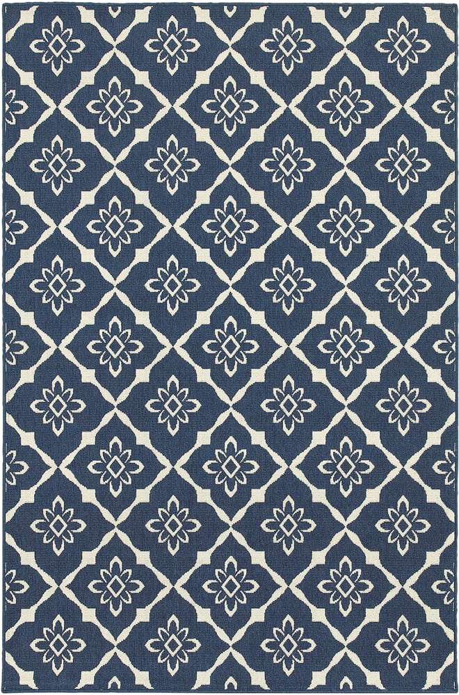 Navy and Ivory Geometric Synthetic Indoor/Outdoor Area Rug