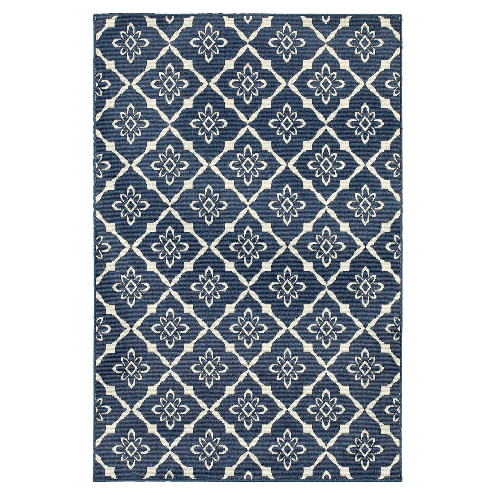 Navy and Ivory Geometric Synthetic Indoor/Outdoor Area Rug