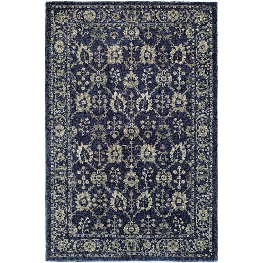 Navy and Grey Floral Synthetic Runner Rug 2'3" x 7'6"