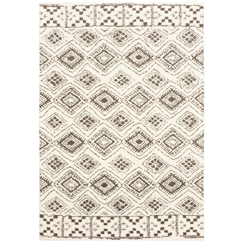 Ivory and Brown High Pile Oriental Shag Rug