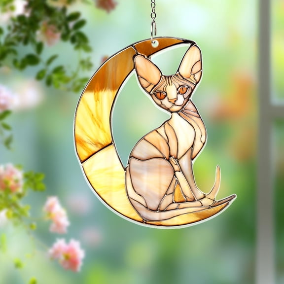 Sphynx Cat Acrylic Suncatcher Colorful Hairless Kitty Moon 2D Flat Window Hanging Unique Pet Gift