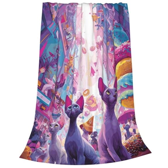 Sphynx Cat Blanket, Whimsical Donut City Flannel Throw, Lightweight All-Season Blanket 50x40