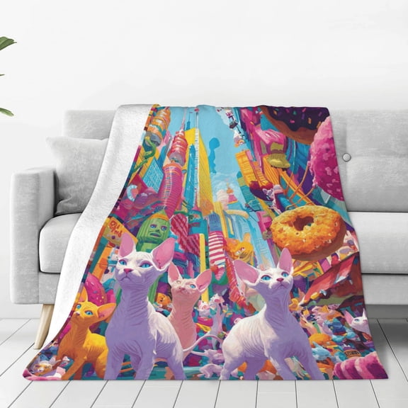 Sphynx Cat Blanket, Whimsical Hairless Cat And Donuts Flannel Fleece Throw, Unique Artistic Decorative Blanket For Living Room Decor 50x40