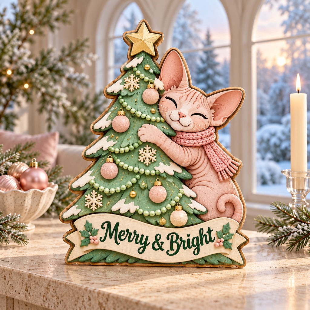 Sphynx Cat Christmas Tree Hug Wooden Block 3 Layer for Cat Lovers ...