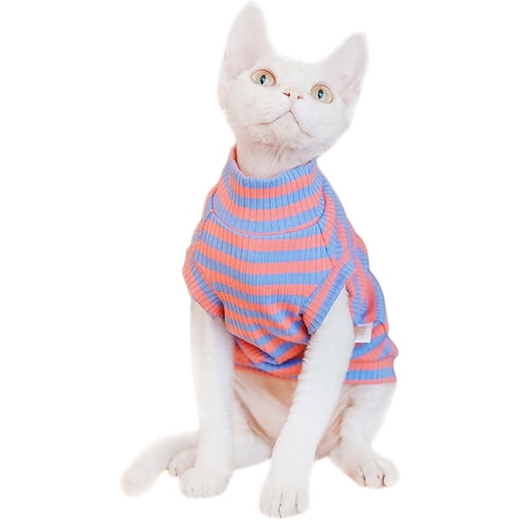 Sphynx Cat Clothes Striped Cat T-Shirt Stretchy Cat Sweater Apparel,XL,Pink