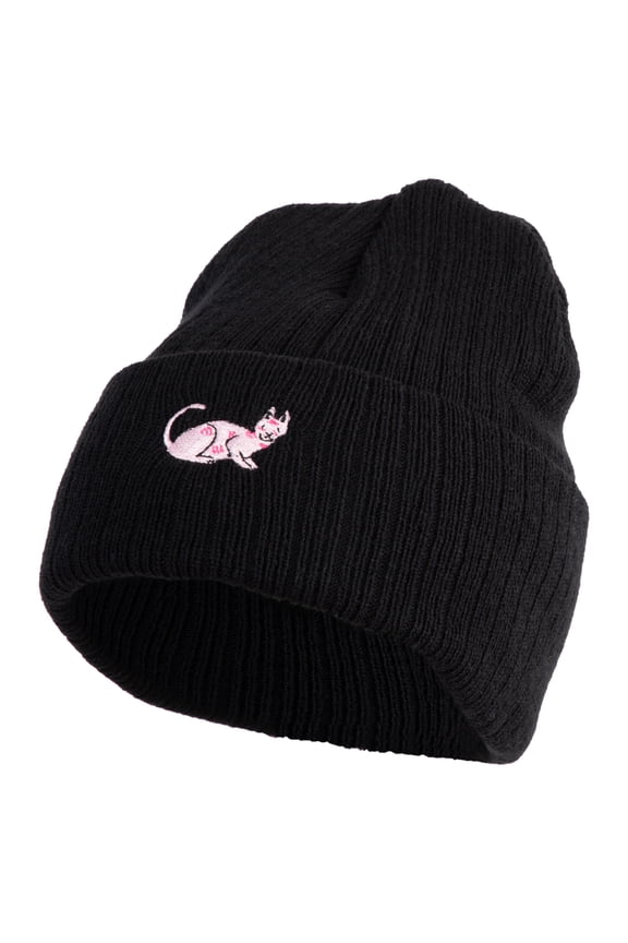 Sphynx Cat Embroidered Heavy Ribbed Cuff Beanie - Black OSFM