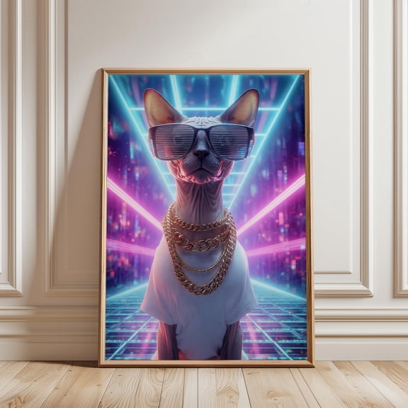 Sphynx Cat Hip Hop Print Neon Retrowave Cyberpunk Wall Art, Unframed Paper Print