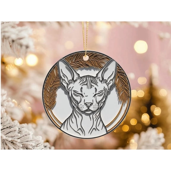 Sphynx Cat Ornament Hairless Cat Zen Decor Boho Copper Line Art Ceramic Gift 2D FLAT CIRCLE Ceramic Ornament