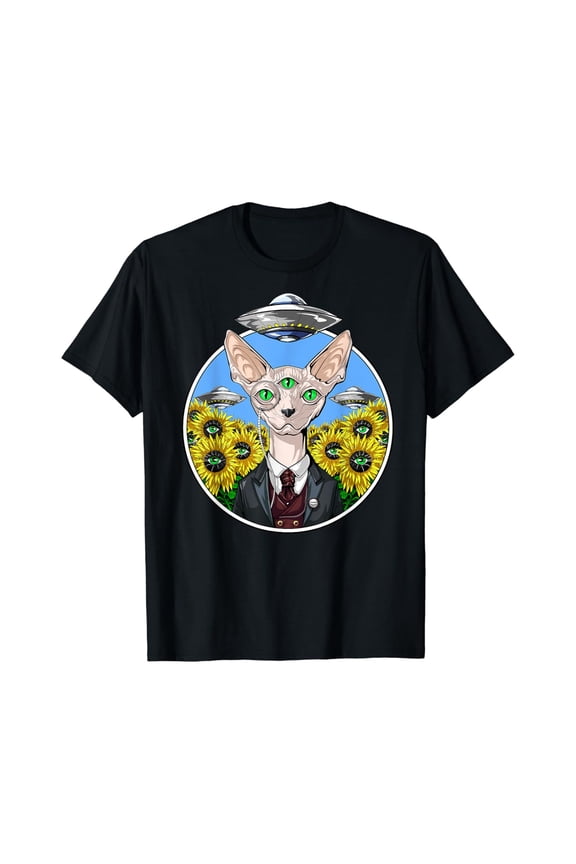 Sphynx Cat Psychedelic Alien Abduction Sunflowers UFO T-shirt
