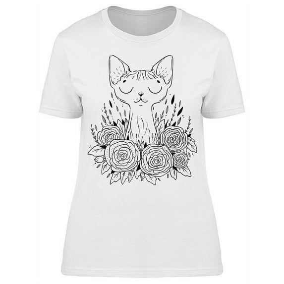 Sphynx Cat Roses Flowers Sketch T-Shirt Women -Image by Shutterstock, Female Medium