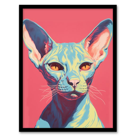 Sphynx Cat Screen Print Pink Blue Coral Teal Risograph Artwork Spot Block Colour Duotone Retro Riso Interior Design Artwork Framed Wall Art Print A4