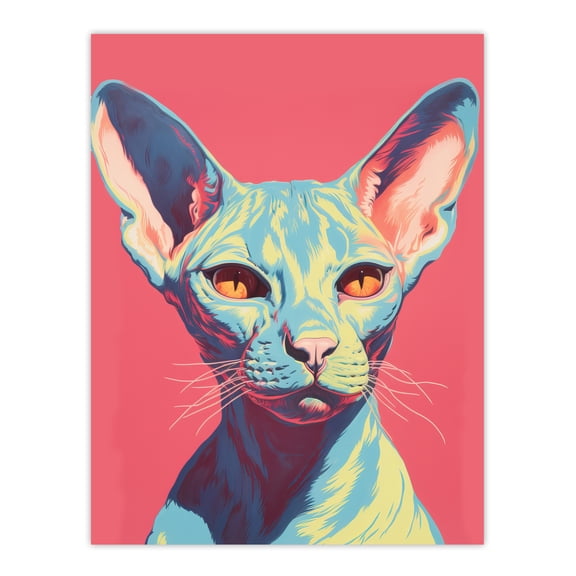 Sphynx Cat Screen Print Pink Blue Coral Teal Risograph Artwork Spot Block Colour Duotone Retro Riso Interior Design Unframed Wall Art Print Poster Home Decor Premium