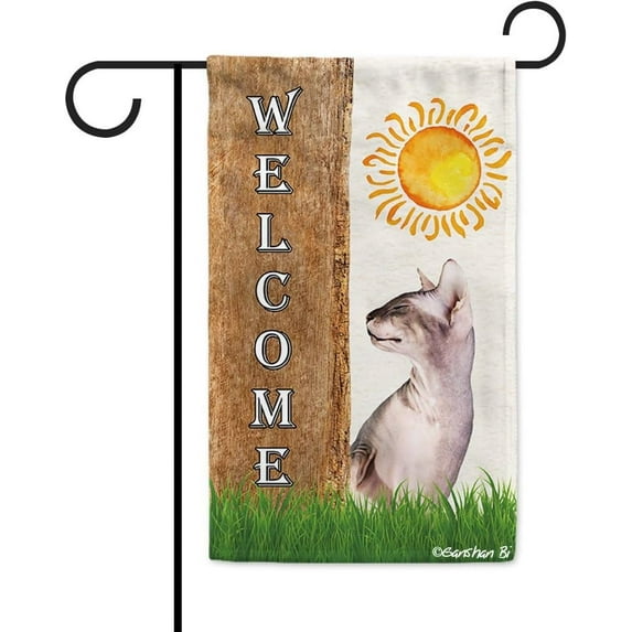 Sphynx Cat Spring Summer Welcome Garden Flag Dog Hides Behind a Tree Sun Outside Yard Decor Flag Banner 12.5X18 Inch Double Side Style 1