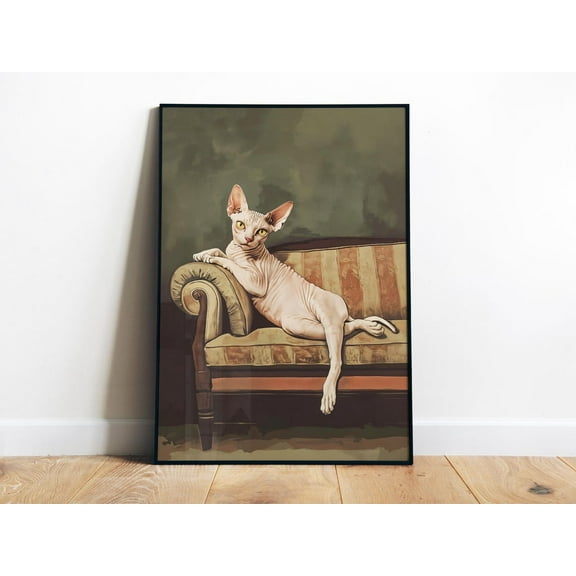 Sphynx Cat Wall Art Cat On Vintage Sofa Cozy Neutral Pet Portrait Office Decor Cat Artwork Green Wall Art Wall Art, Modern Wall Decor, 16x24 UNFRAMED