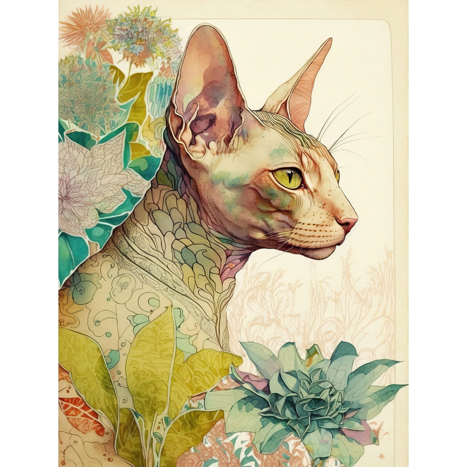 Sphynx Cat with Floral Tattoo in Flower Blooms Colourful Modern ...