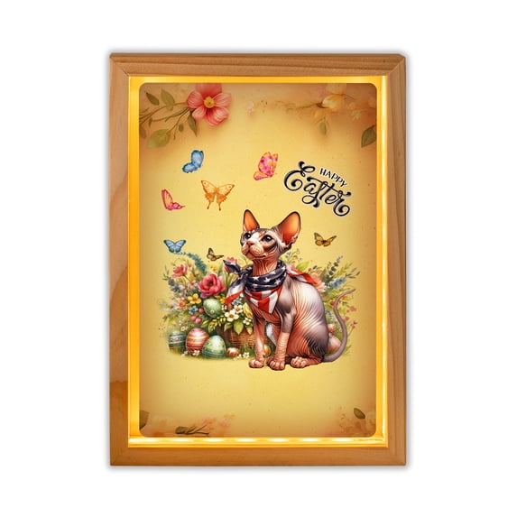 Sphynx Celebrates Spring and Enjoys a Happy Easter Acrylic Plaque with Wood Photo Frame Box Cat Lover Kitten Owner Gifts Idea Light Box - 02001