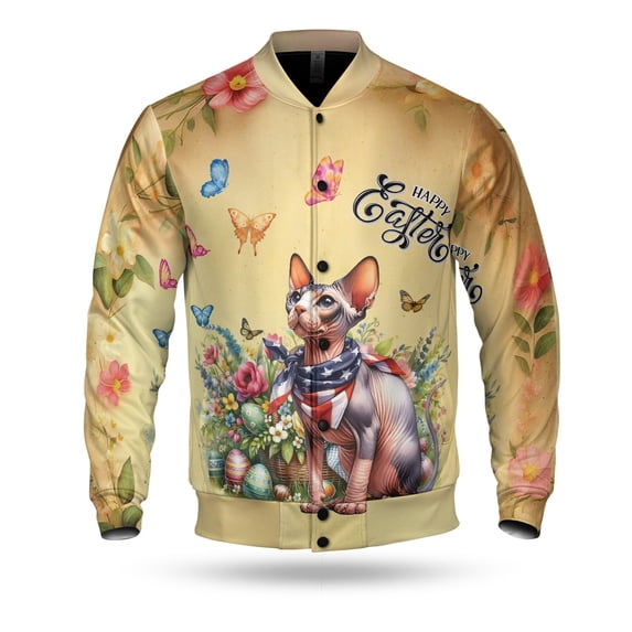 Sphynx Celebrates Spring and Enjoys a Happy Easter All Over Print 3D Baseball Jacket Cat Lover Kitten Owner Gifts Idea Bomber Jacket Softball - 02001