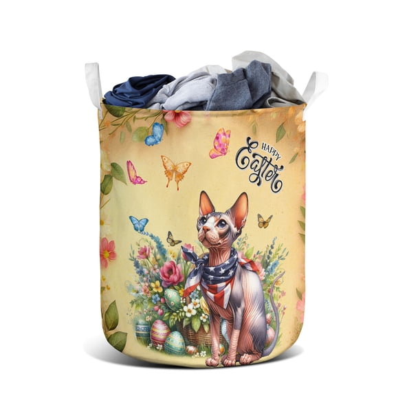 Sphynx Celebrates Spring and Enjoys a Happy Easter Foldable Laundry Basket Cat Lover Kitten Owner Gifts Idea Organizer Storage with Handles - 02001