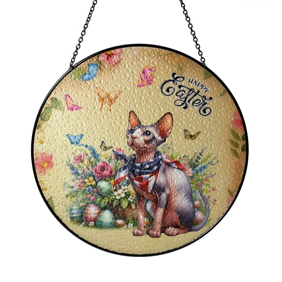 Sphynx Celebrates Spring and Enjoys a Happy Easter Stained Glass Suncatcher Cat Lover Kitten Owner Gifts Idea Window Hanging Sign Decor - 02001