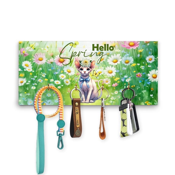 Sphynx Hello Spring Time Flower Floral Nature Wood Key Holder Cat Lover Kitten Owner Gifts Idea Wall-mounted Key Rack Home Decor - 02031