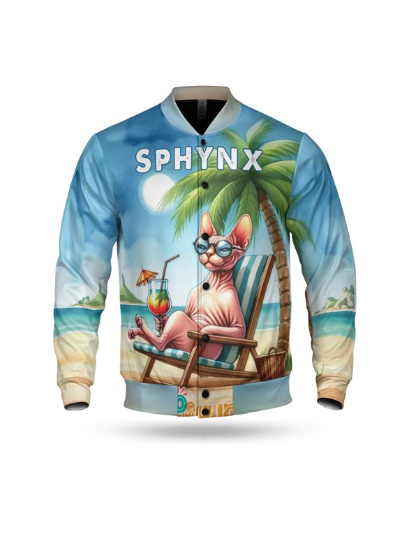 Sphynx Hello Summer Beach Theme with Sunglasses and Tropical Cocktail All Over Print 3D Baseball Jacket Cat Lover Kitten Owner Gifts Idea Bomber Jacket Softball - 00009