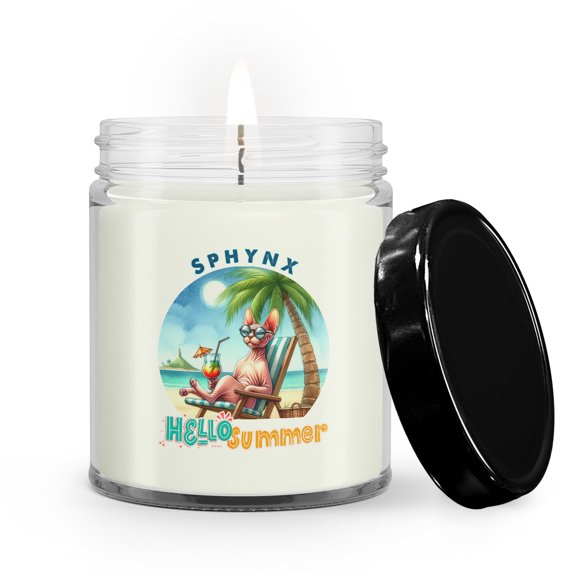 Sphynx Hello Summer Beach Theme with Sunglasses and Tropical Cocktail Soy Wax Candle Cat Lover Kitten Owner Gifts Idea 9oz White Birch & Black Pepper Candle - 00009