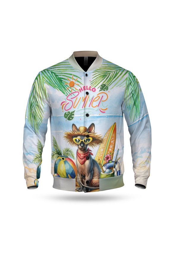 Sphynx Hello Summer with Sunglasses and Surfboard Tropical Vibes All Over Print 3D Baseball Jacket Cat Lover Kitten Owner Gifts Idea Bomber Jacket Softball - 00007
