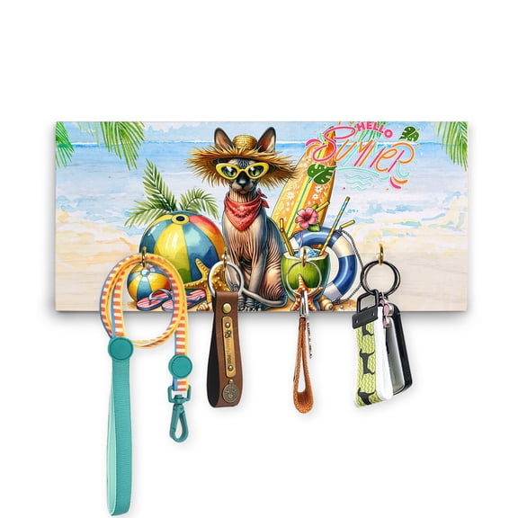 Sphynx Hello Summer with Sunglasses and Surfboard Tropical Vibes Wood Key Holder Cat Lover Kitten Owner Gifts Idea Wall-mounted Key Rack Home Decor - 00007
