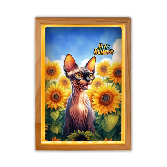 Sphynx Hello Summer Sunshine Sunflowers Spring Retro Vintage Acrylic Plaque with Wood Photo Frame Box Cat Lover Kitten Owner Gifts Idea Light Box - 00008