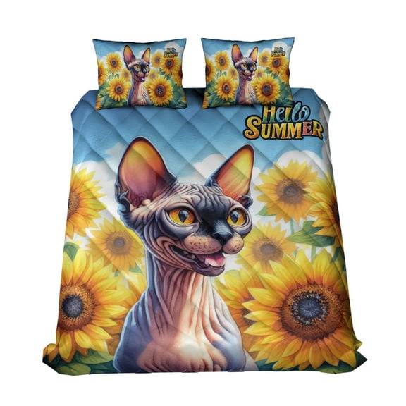 Sphynx Hello Summer Sunshine Sunflowers Spring Retro Vintage Quilt Bedding Set Cat Lover Kitten Owner Gifts Idea 1 Blanket Bed Cover 2 Pillowcases - 00008