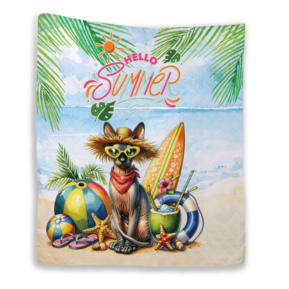 Sphynx Hello Summer with Sunglasses and Surfboard Tropical Vibes Quilt Blanket Cat Lover Kitten Owner Gifts Idea Cozy Comforter Throw Blanket - 00007
