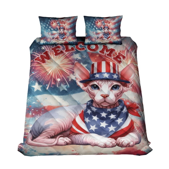 Sphynx Patriotic Welcome for 4Th of July Independence Day Quilt Bedding Set Cat Lover Kitten Owner Gifts Idea 1 Blanket Bed Cover 2 Pillowcases - 00010