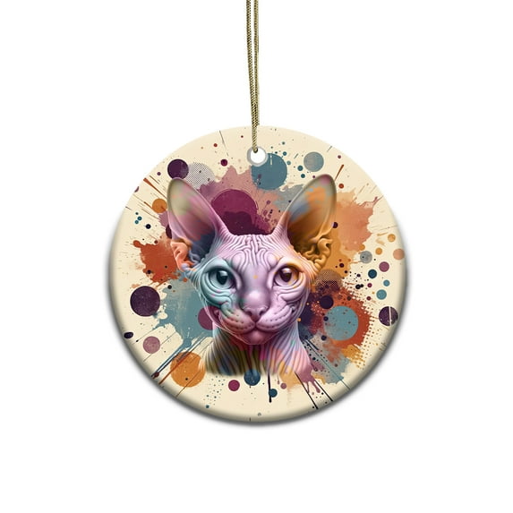 Sphynx Portrait Watercolor Vintage Retro Styles Ceramic Round Ornament Cat Lover Kitten Owner Gifts Idea Home Tree Decor - 00001
