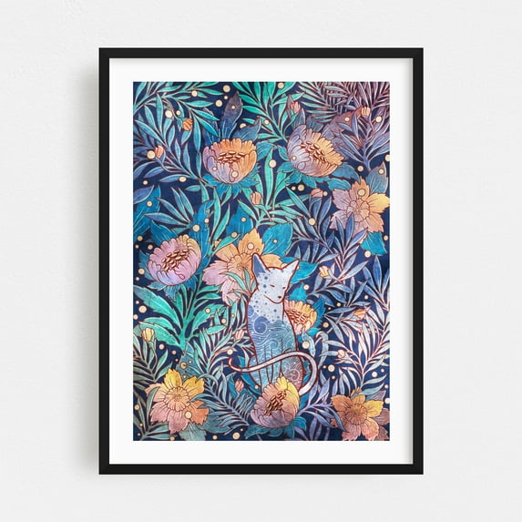 Sphynx and Willow Bloom - Illustration Floral Cat Pattern Watercolor Whimsical Botanical Black Framed Wall Art Print 6 x 8 inches