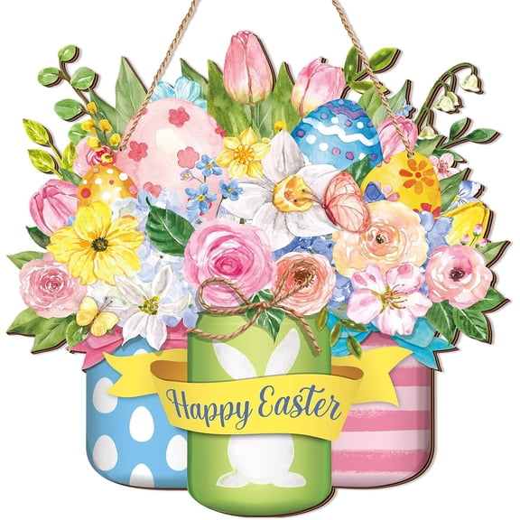 Spiareal Easter Sign Wooden Door Decorations Happy Easter Wreath Hanging Pink and Yellow Floral Eggs Plaque Decor for Front Door Spring Wall Art Hanger Rustic for Spring Party Indoor Outdoor