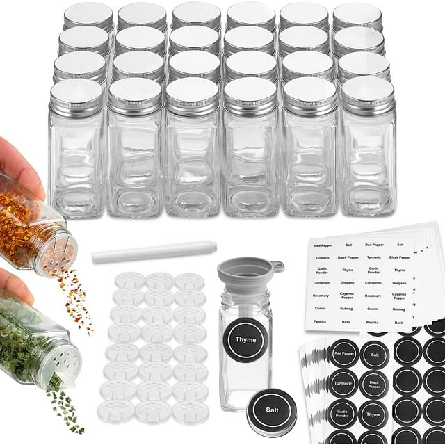 Spice Bottles Empty Glass with Labels 4 oz - 24 Piece Spice Jars Spice Container Shaker Lids, Airtight Metal Caps and Chalkboard/Clear PVC Seasoning Labels, Chalk Marker & Collapsible Funnel