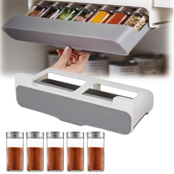 Spice Caddy Organizer Rack Set, Under Cabinet Adhesive Slide-In and Out Seasoning Organizer with 6 Glass Bottles, Kraft Paper Packaging, Multicolor, Plastic, Includes 1 Rack with 6 Glass Bottles