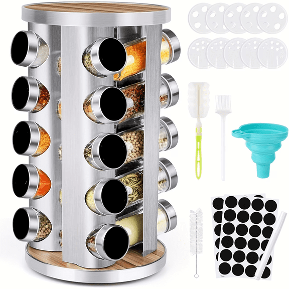 Spice Carousel Set Featuring 20 Spice Jars, Kitchen Spice Organizer for Countertop Or Cupboard - Revolving Storage Tower Includes 48 Spice Labels
