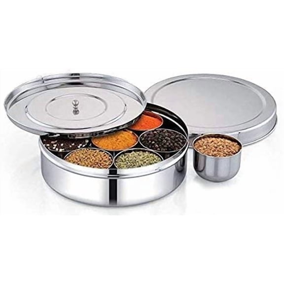 Spice Container Stainless Steel Round Spices Box Kitchen Masala Dabba - Spice Container - Masala Dabba - 7 Compartments with 2 Spoon, Airtight Silver Color