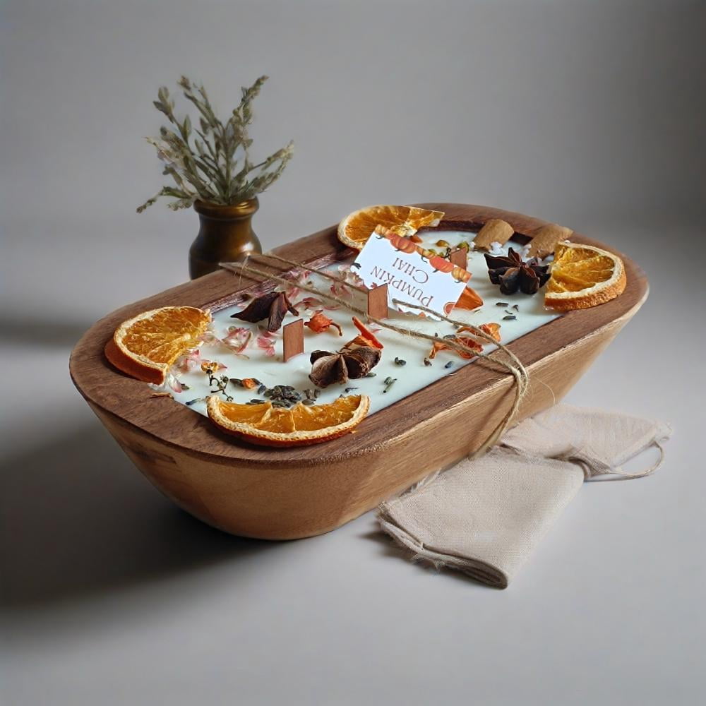 Spice Decorated Wooden Bowl Scented Candle, 3 Wooden Wick Handmade Scented Wood Jar Candles for Home Decor Anniversary Birthday Housewarming Halloween Gift