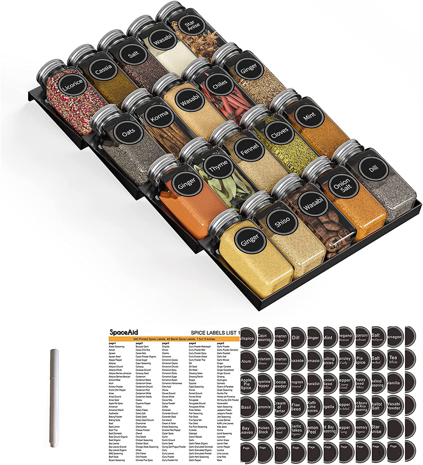 Spice Drawer Organizer with 20 Spice Jars Complete Set for Easy